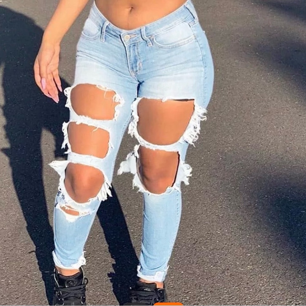 High waist women oversize denim pants ripped jeans